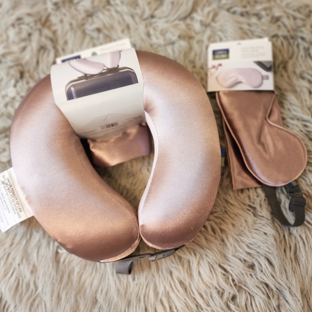 *beautiful rose colored travel pillow and sleep mask*
